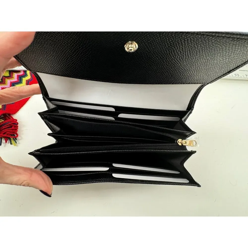 Furla NWT Black Pebble Grained Continental Trifold Wallet With Box and Bag Charm